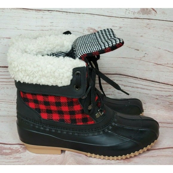 Nature Soft Comfortable Black Red Plaid Faux Fur Rain Snow Boots Cozy Size 8M - Picture 4 of 12
